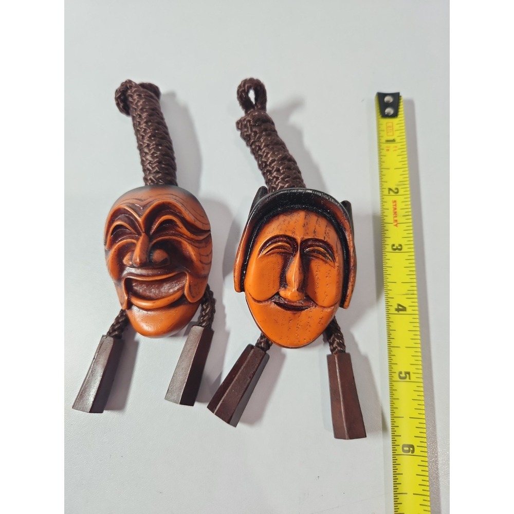 Korean Hahoe T'al Wooden Mask Set Nobleman Woman Traditional Mini Decor 2pc - Picture 1 of 5